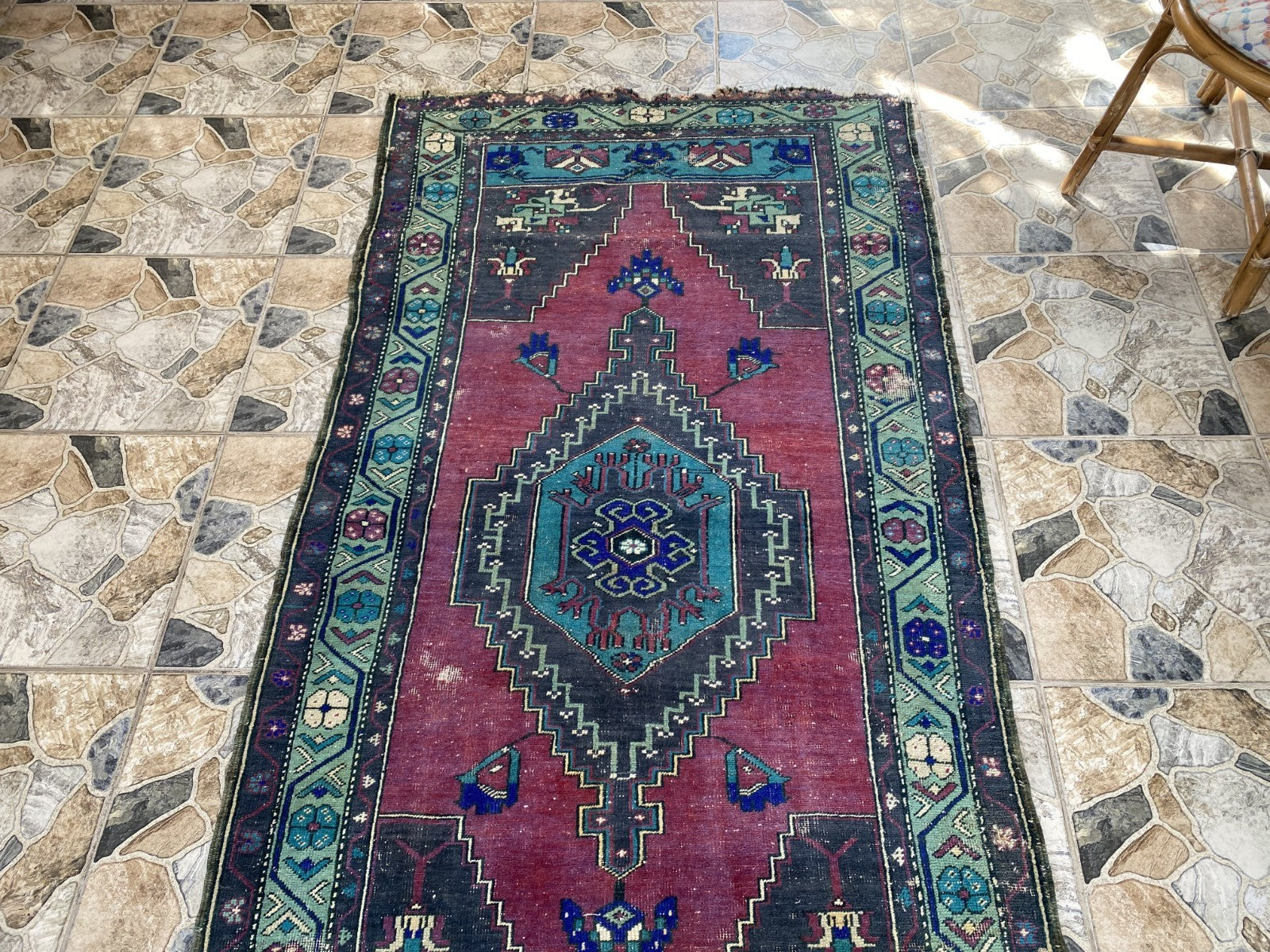 Turkish Vintage Rug, Geometric Area Farmhouse Anatolian Tribal Village Rug 3x7ft