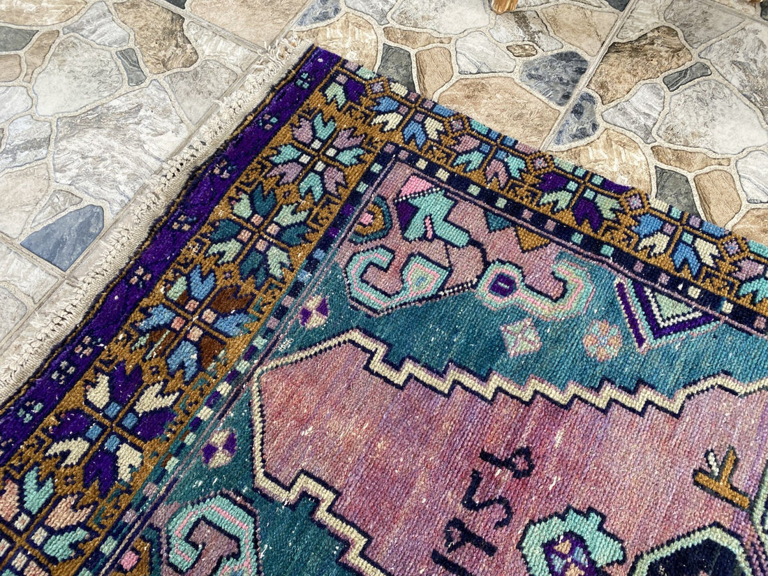 1950s Geometric Turkish Vintage Area, Tribal Handmade Anatolian Rug 3.3x7.5 ft