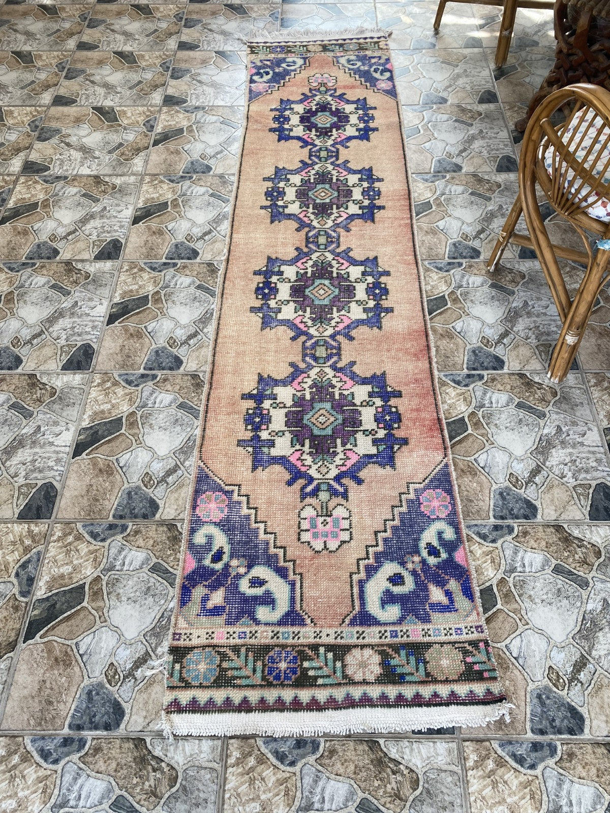 Geometric Turkish Vintage Rug, Runner Farmhouse Anatolian Tribal Village Rug 2x9