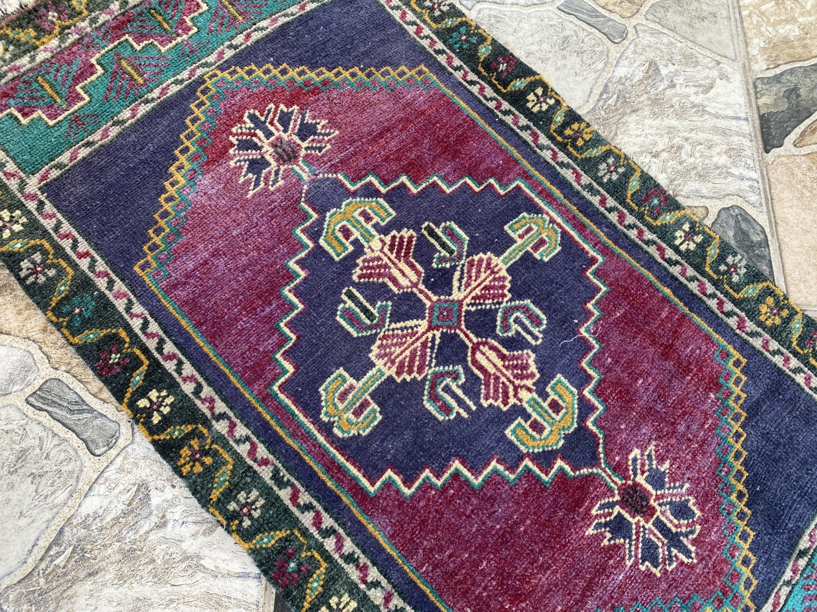 Vintage Turkish Rug 1.6x3.1 Hand Knotted Anatolian Geometric Wool Small Carpet