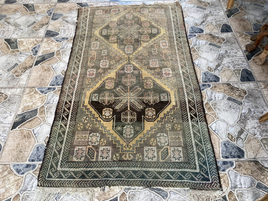 Vintage Persian Beluch Rug, Small Tribal Wool Handmade Oriental Carpet 2.6x4.5ft