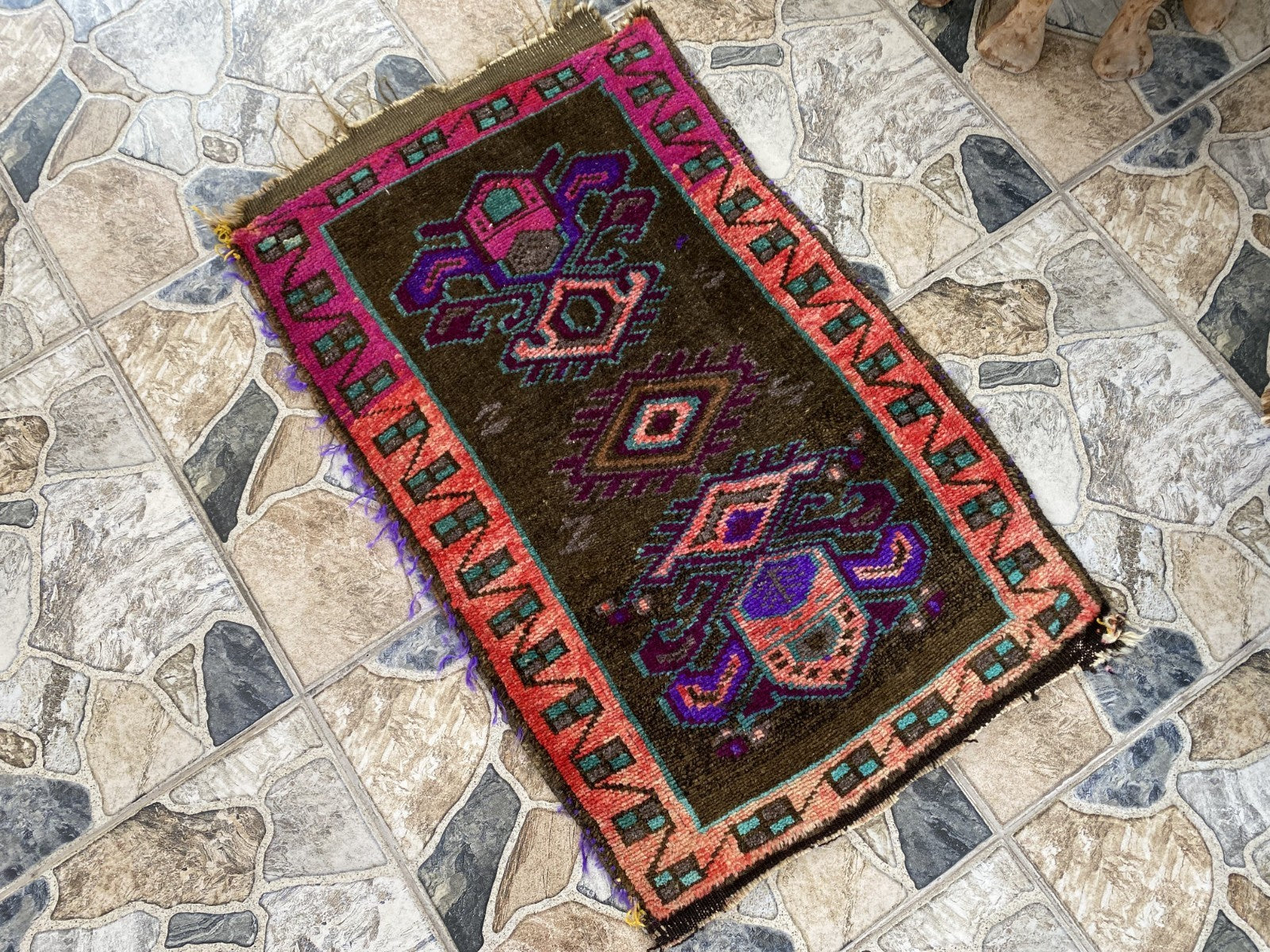 Turkish Vintage Small Rug Tribal Handmade Anatolian Kurdish Maroon 1970s 1.8x2.7