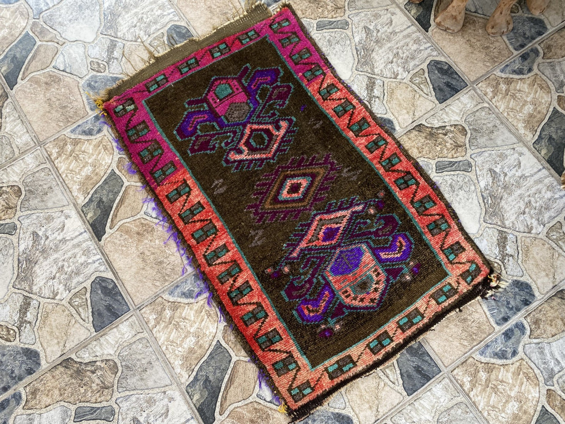 Turkish Vintage Small Rug Tribal Handmade Anatolian Kurdish Maroon 1970s 1.8x2.7