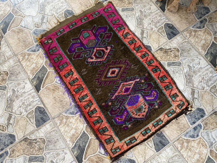 Turkish Vintage Small Rug Tribal Handmade Anatolian Kurdish Maroon 1970s 1.8x2.7