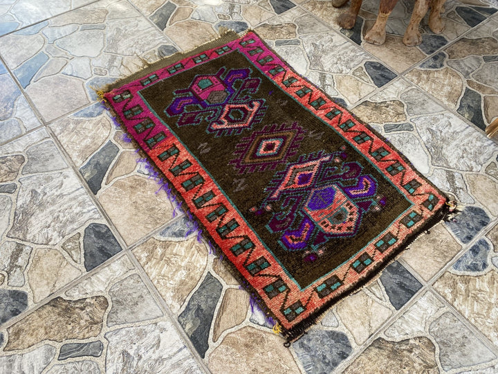 Turkish Vintage Small Rug Tribal Handmade Anatolian Kurdish Maroon 1970s 1.8x2.7