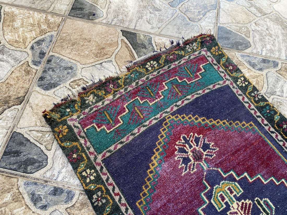 Vintage Turkish Rug 1.6x3.1 Hand Knotted Anatolian Geometric Wool Small Carpet