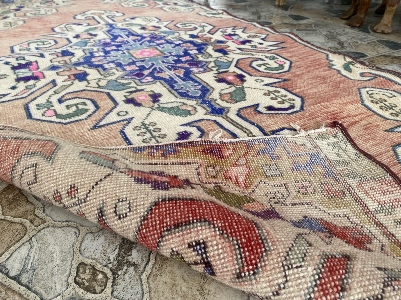 3x7 ft Vintage Turkish Area Rug Red Blue Oriental Anatolian Medallion Floral Rug