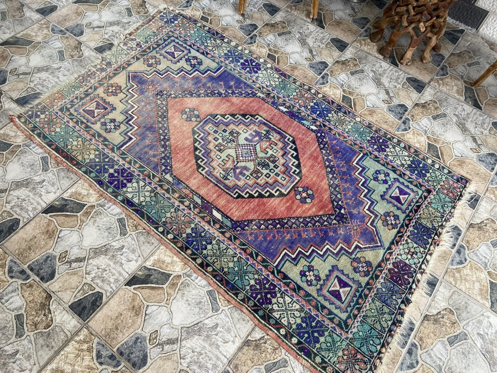 3x6 ft Vintage Turkish Rug Red Blue Farmhouse Oriental Medallion Tribal Area Rug