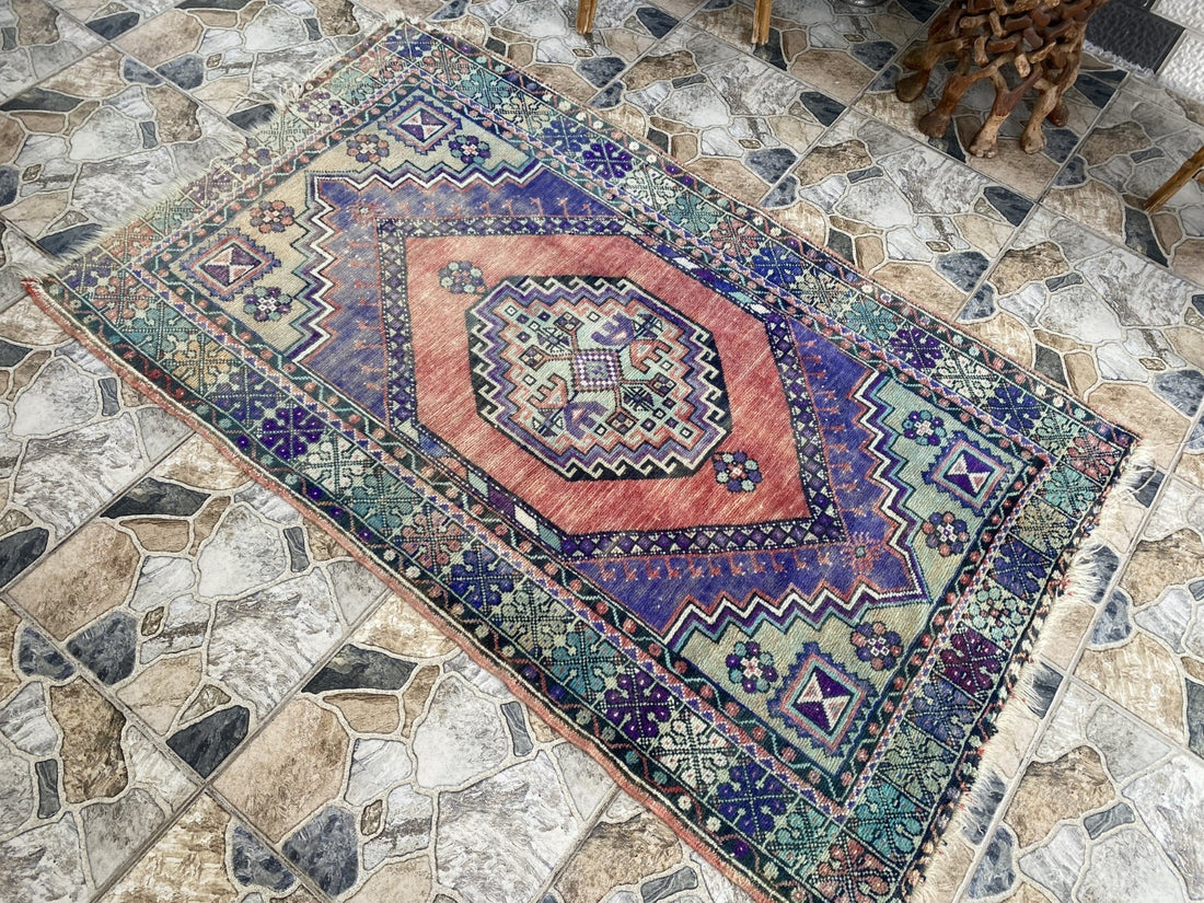 3x6 ft Vintage Turkish Rug Red Blue Farmhouse Oriental Medallion Tribal Area Rug