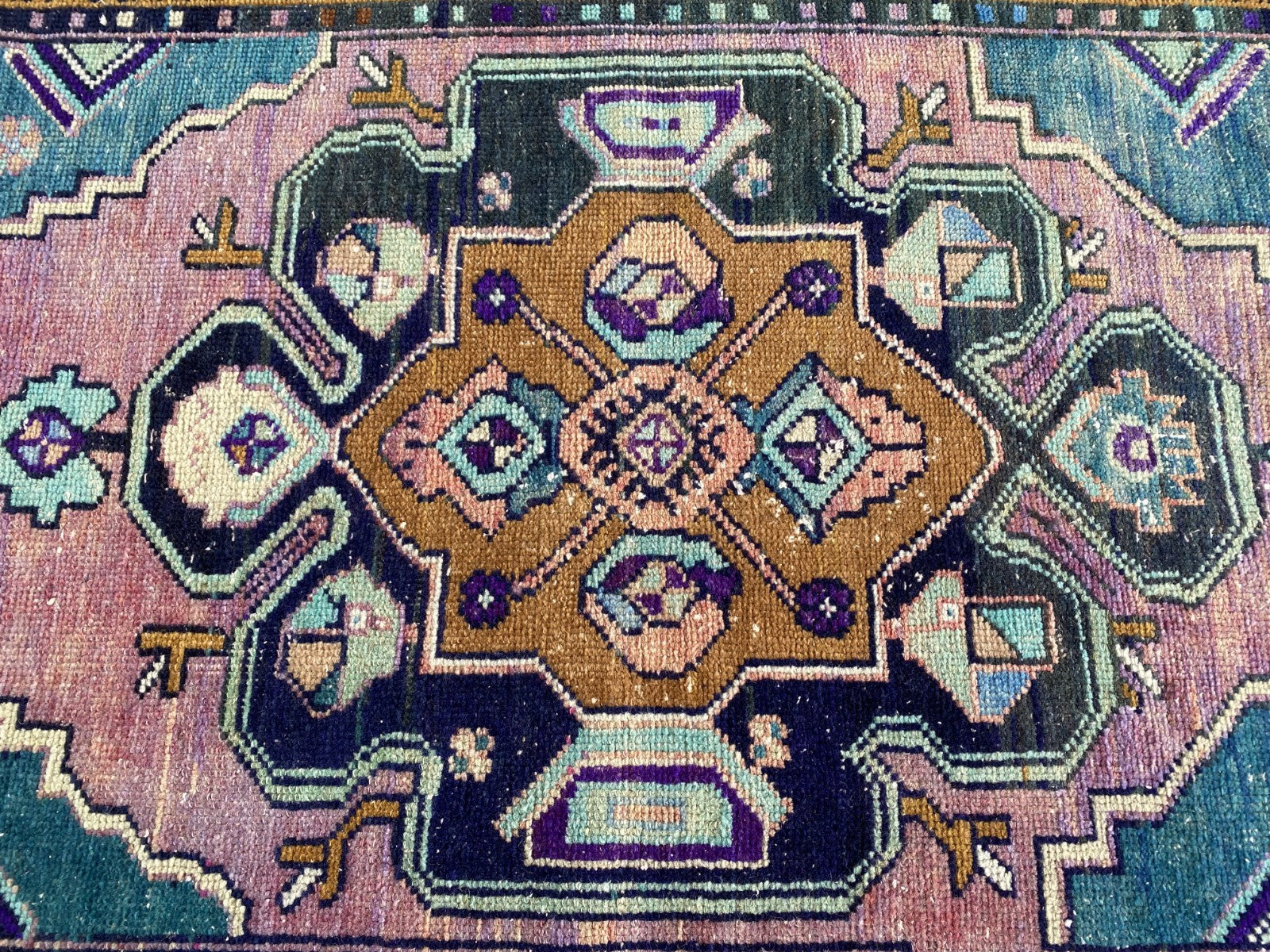 1950s Geometric Turkish Vintage Area, Tribal Handmade Anatolian Rug 3.3x7.5 ft