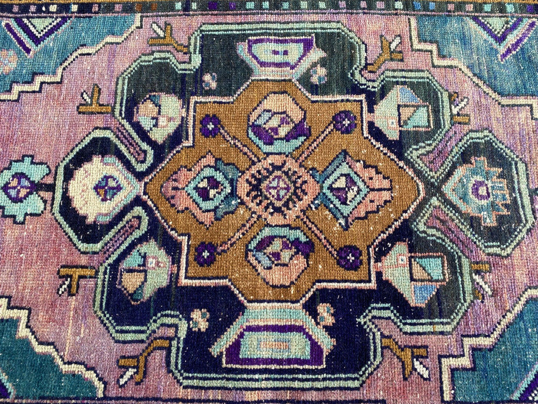 1950s Geometric Turkish Vintage Area, Tribal Handmade Anatolian Rug 3.3x7.5 ft