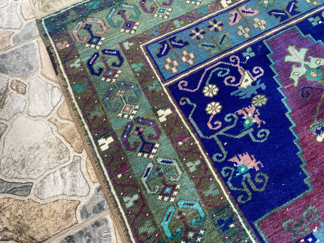 Vintage Handmade Turkish Rug Red Blue Medallion Anatolian Tribal Wool Rug 3x6 ft