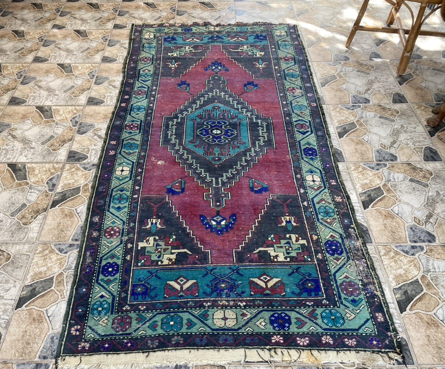 Turkish Vintage Rug, Geometric Area Farmhouse Anatolian Tribal Village Rug 3x7ft