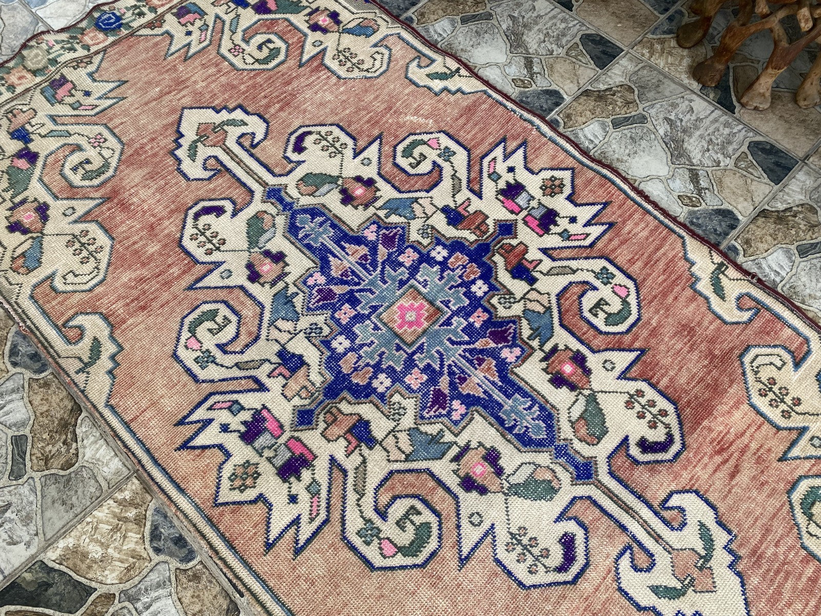 3x7 ft Vintage Turkish Area Rug Red Blue Oriental Anatolian Medallion Floral Rug