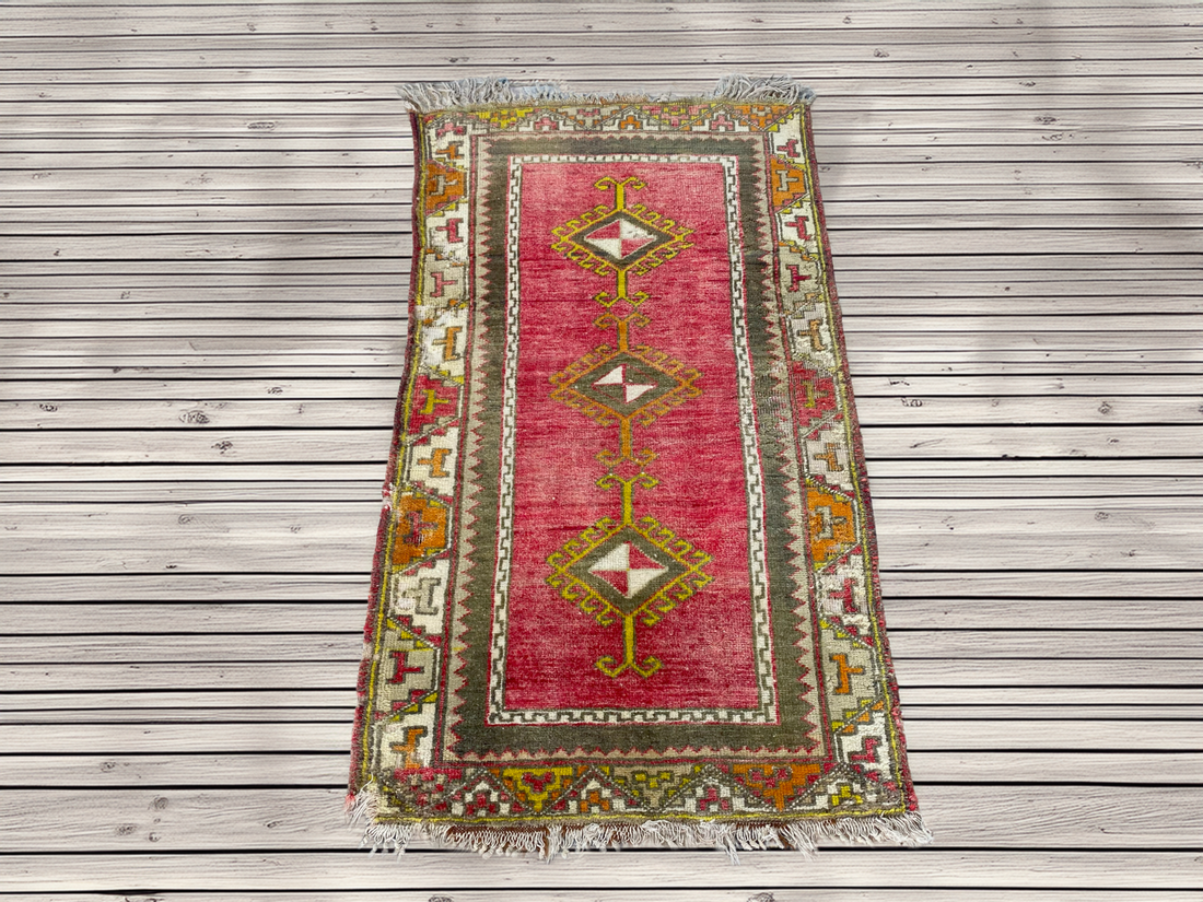 Vintage Anatolian Rug Hand-Knotted Wool Small Farmhouse Tribal Medallion 2x4 ft