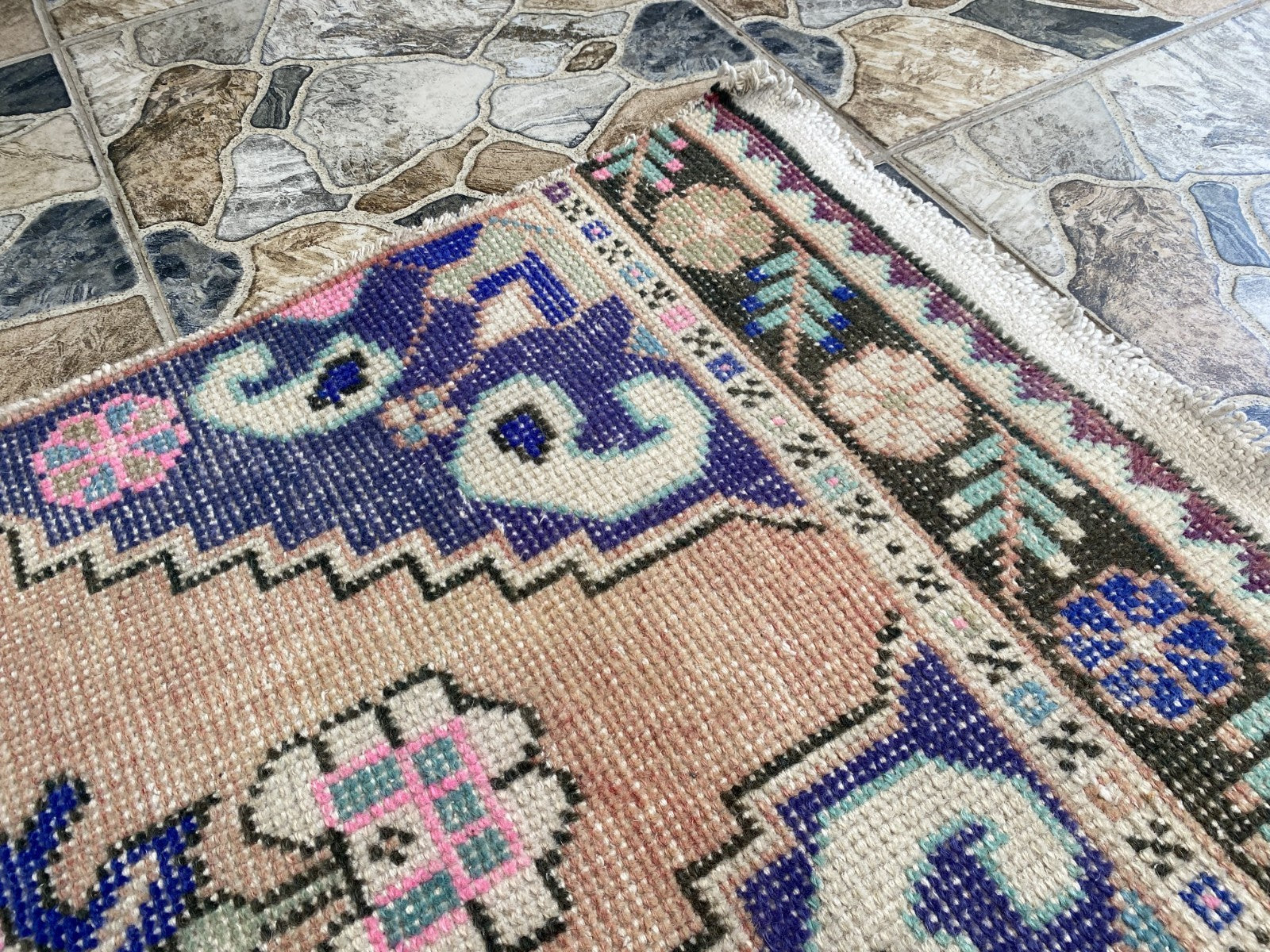 Geometric Turkish Vintage Rug, Runner Farmhouse Anatolian Tribal Village Rug 2x9