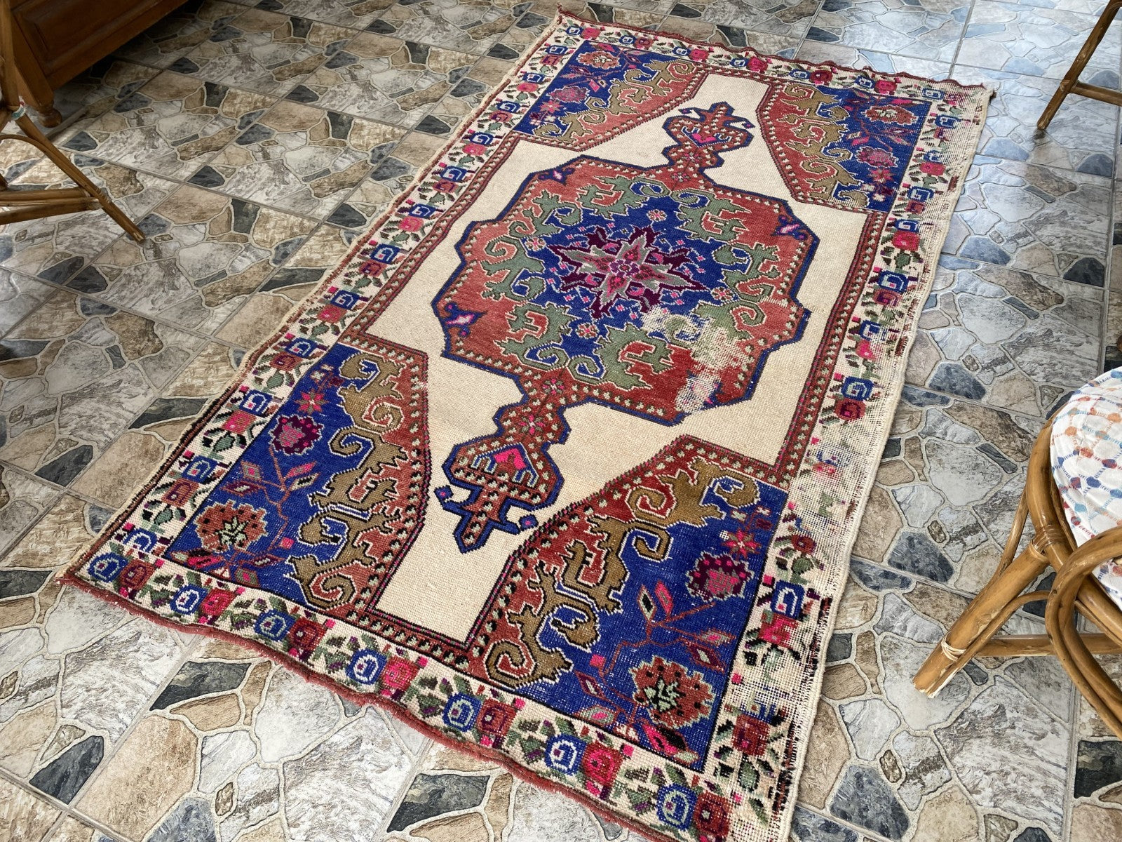 Vintage Turkish Area Rug | 4.3 x 7.3 ft Hand-Knotted Wool Distressed Antique Rug