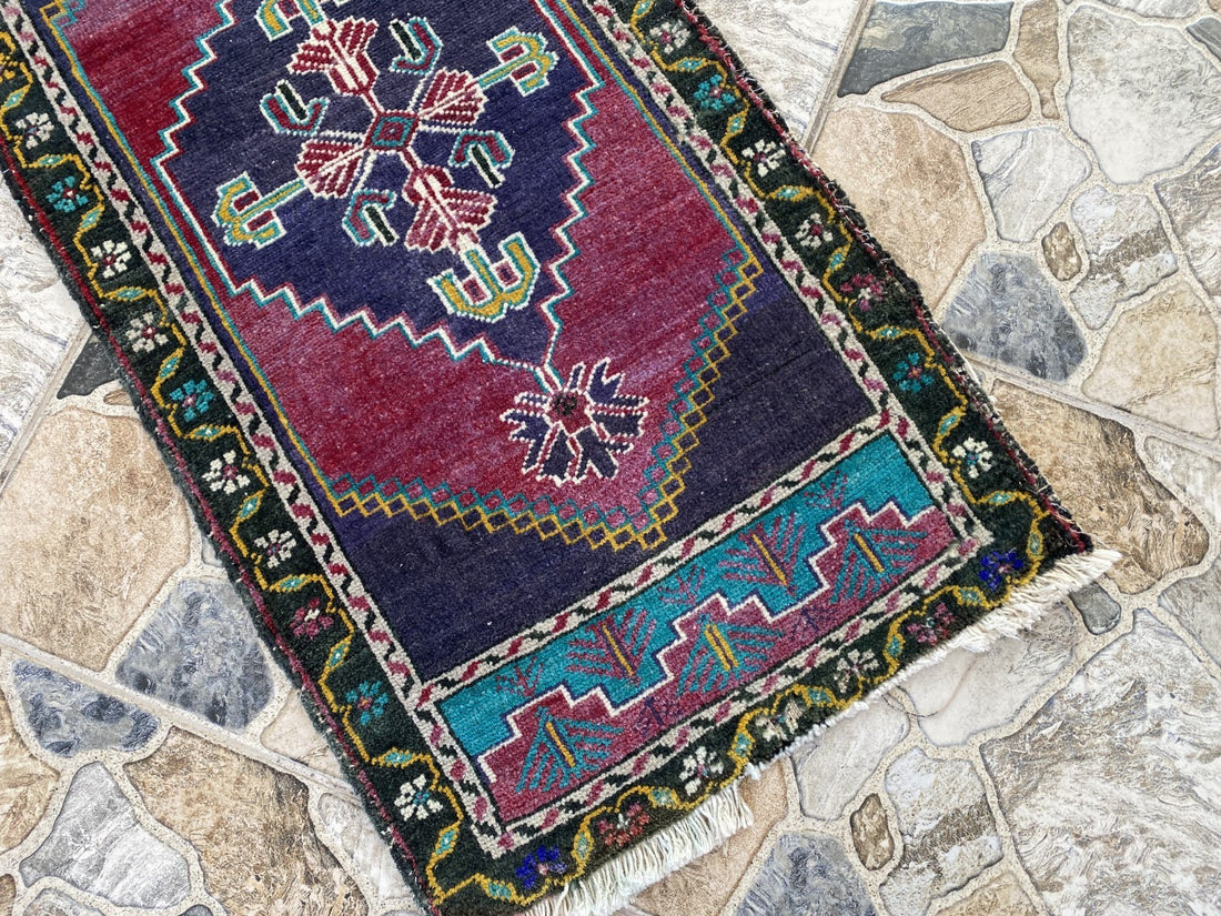 Vintage Turkish Rug 1.8x3.6 Hand Knotted Wool Anatolian Geometric Small Carpet