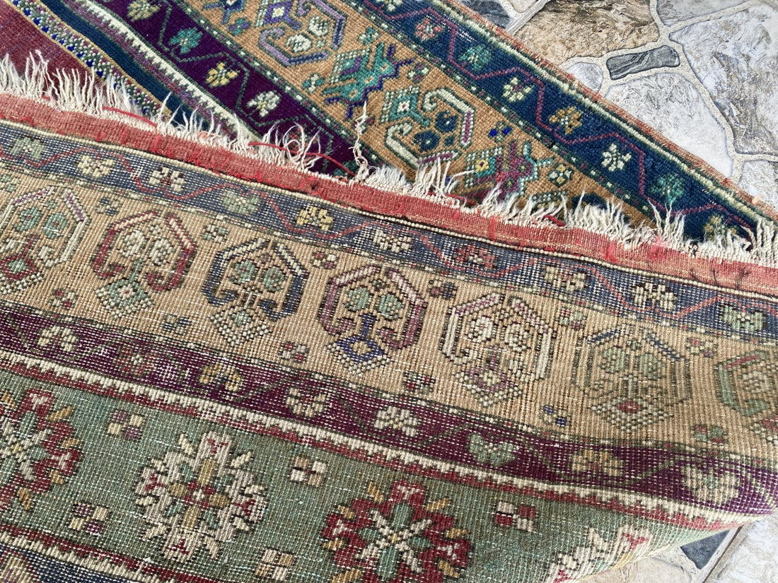 4x7 ft Vintage Turkish Rug, Geometric Pattern, Red Blue Oriental Tribal Area Rug