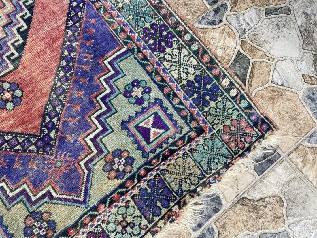 3x6 ft Vintage Turkish Rug Red Blue Farmhouse Oriental Medallion Tribal Area Rug