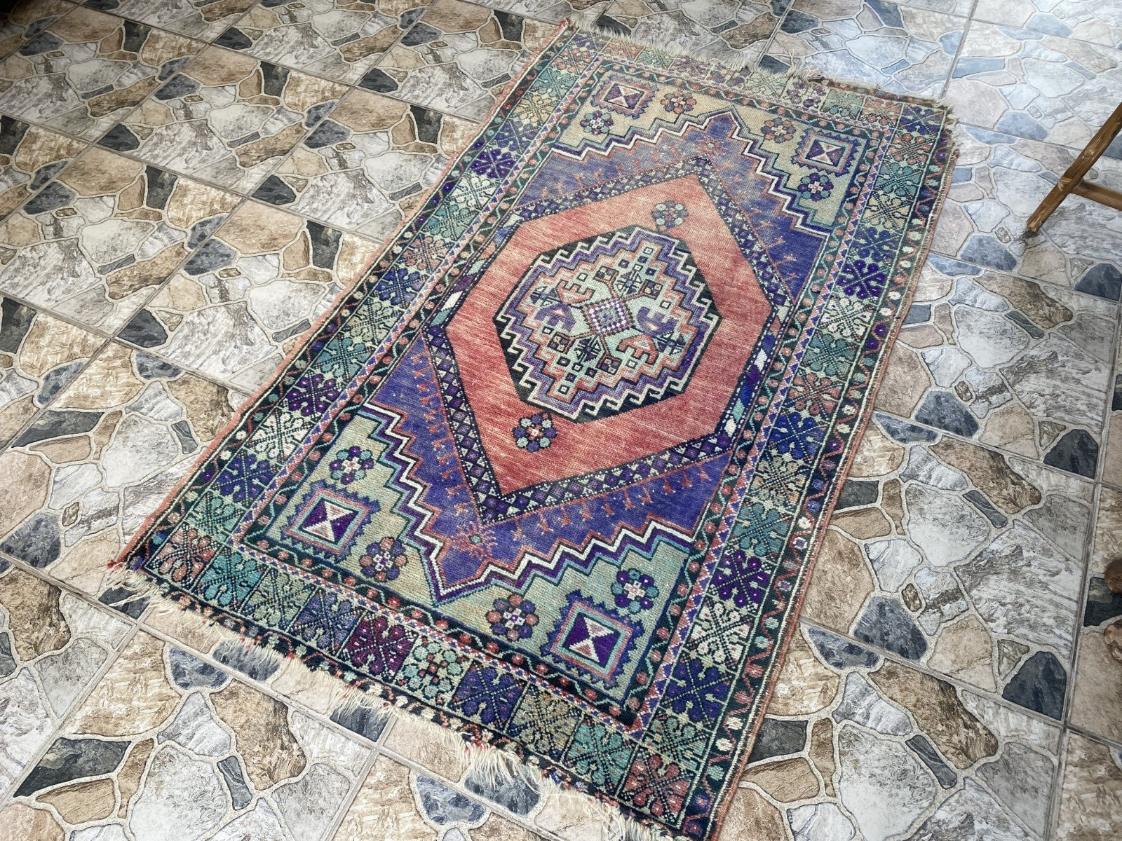 3x6 ft Vintage Turkish Rug Red Blue Farmhouse Oriental Medallion Tribal Area Rug