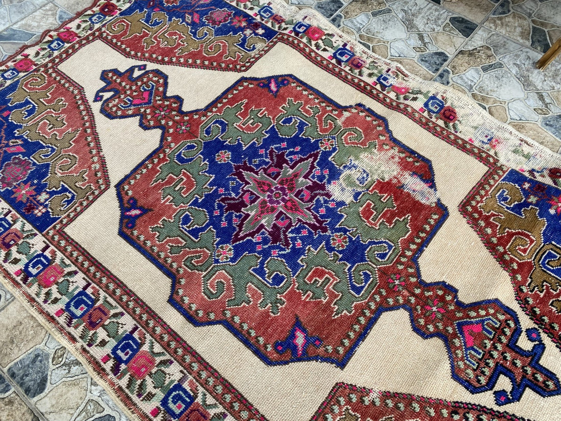 Vintage Turkish Area Rug | 4.3 x 7.3 ft Hand-Knotted Wool Distressed Antique Rug