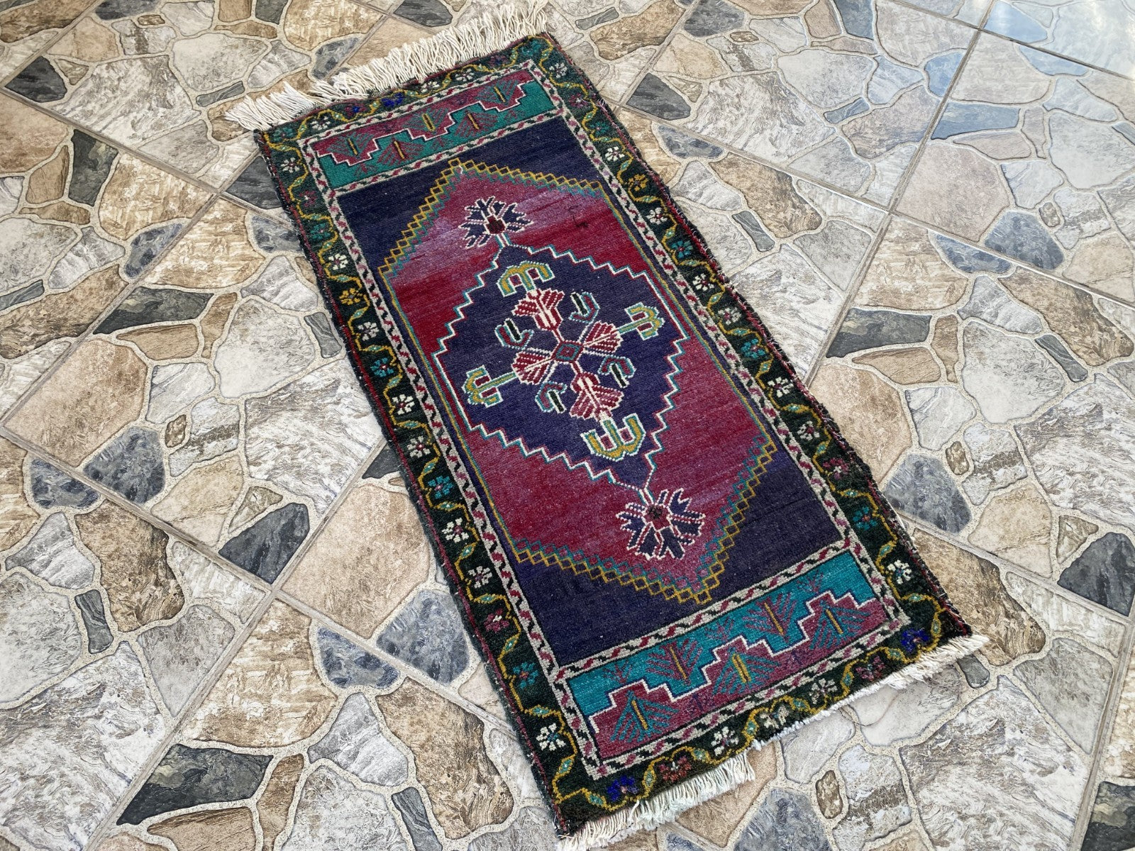 Vintage Turkish Rug 1.8x3.6 Hand Knotted Wool Anatolian Geometric Small Carpet