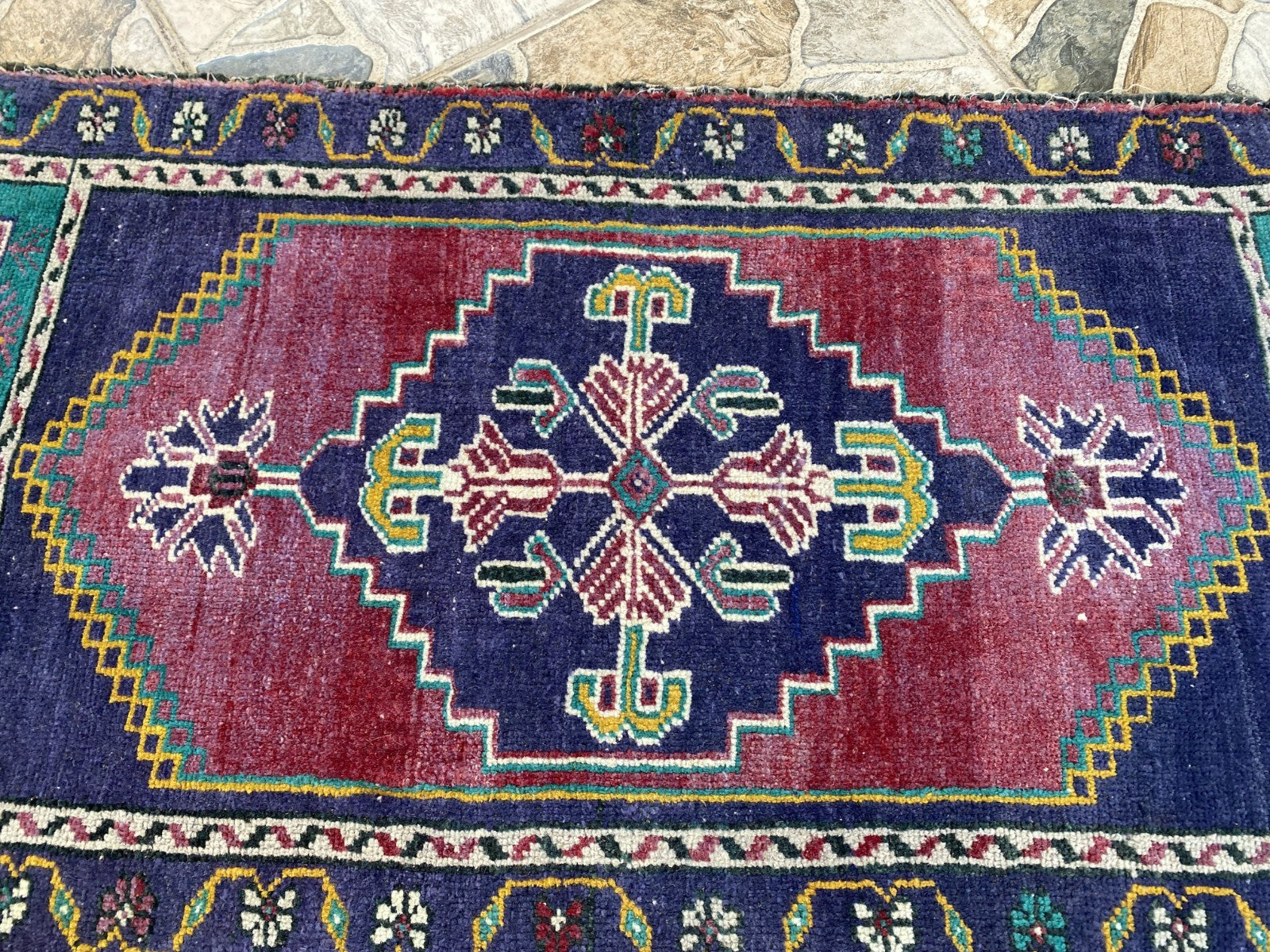 Geometric Turkish Vintage Small Rug, Tribal Handmade Anatolian Red Blue 1.9x3.4