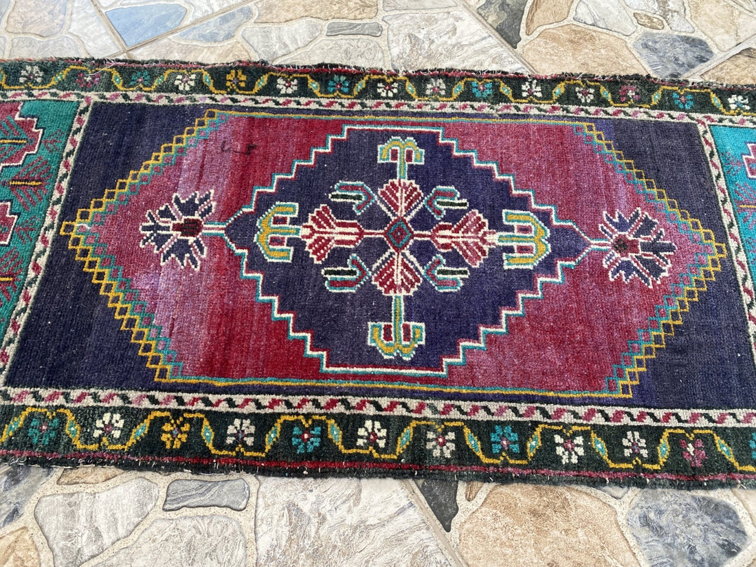 Vintage Turkish Rug 1.8x3.6 Hand Knotted Wool Anatolian Geometric Small Carpet
