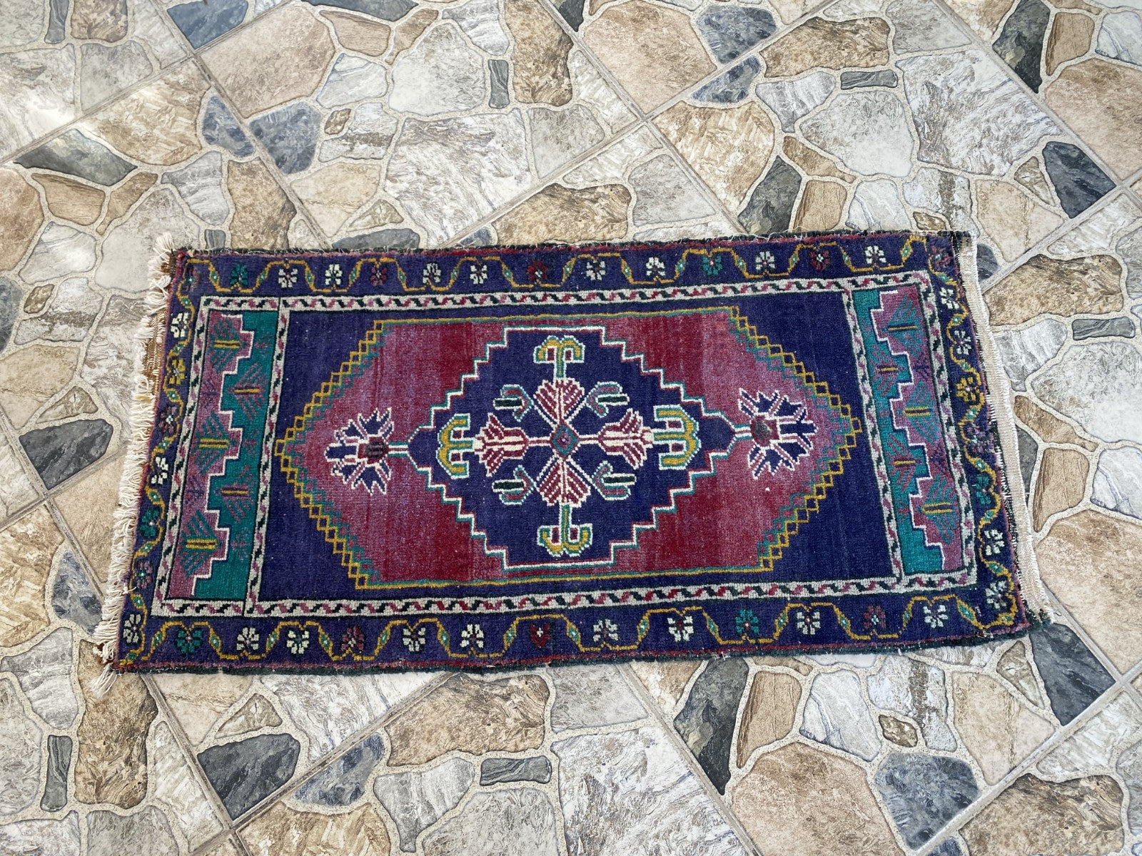 Geometric Turkish Vintage Small Rug, Tribal Handmade Anatolian Red Blue 1.9x3.4