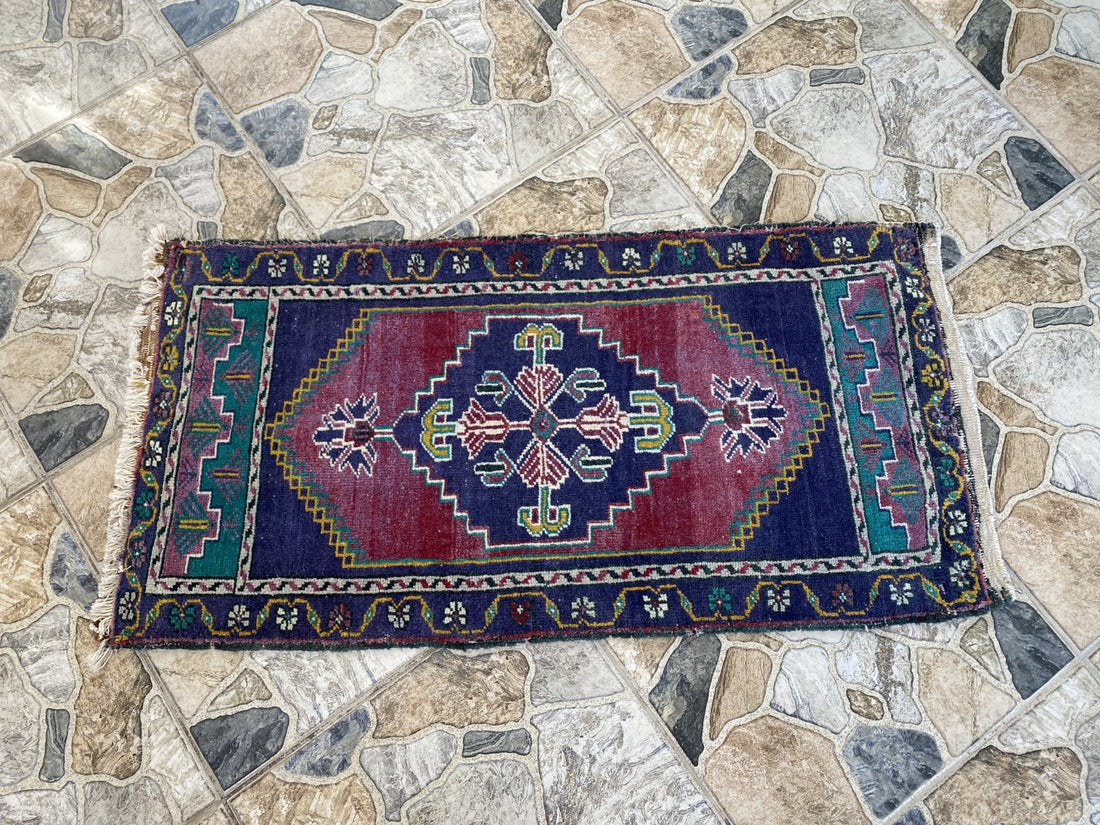 Geometric Turkish Vintage Small Rug, Tribal Handmade Anatolian Red Blue 1.9x3.4