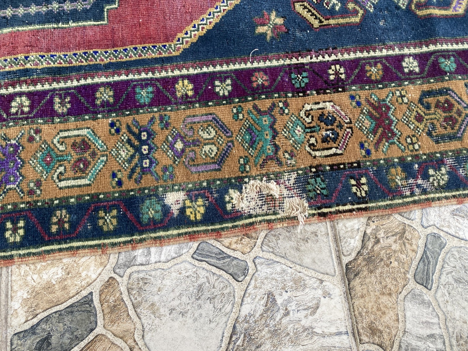 4x7 ft Vintage Turkish Rug, Geometric Pattern, Red Blue Oriental Tribal Area Rug