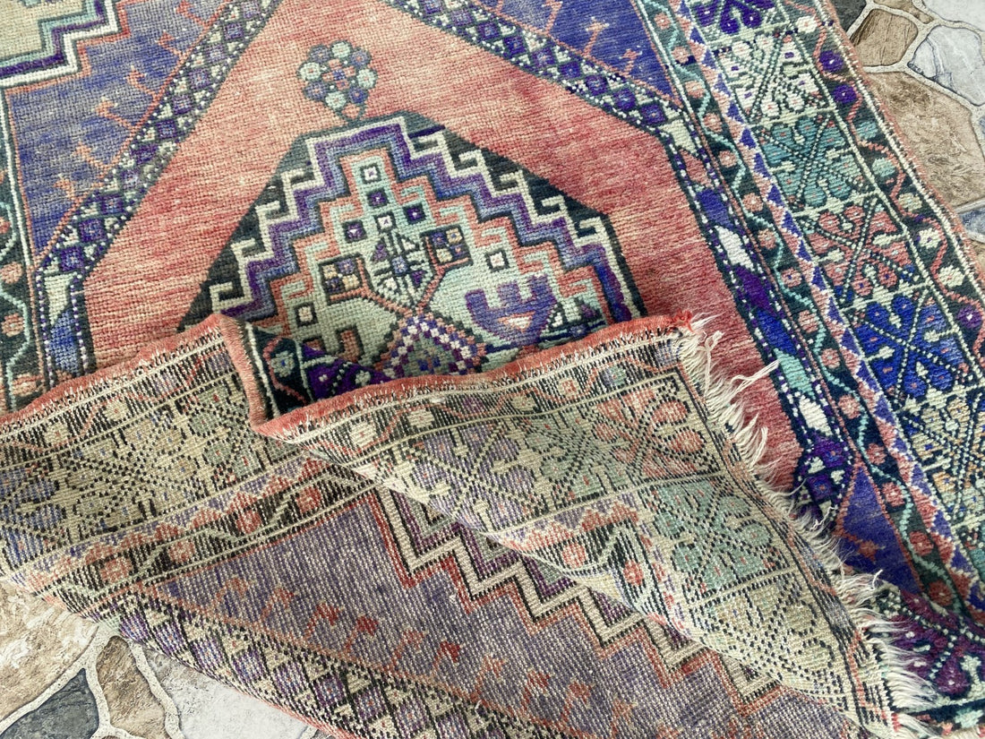 3x6 ft Vintage Turkish Rug Red Blue Farmhouse Oriental Medallion Tribal Area Rug