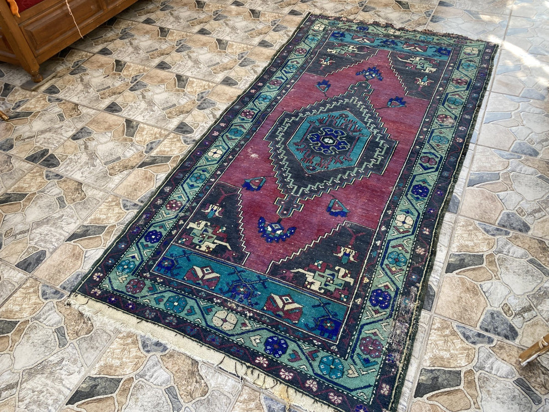 Turkish Vintage Rug, Geometric Area Farmhouse Anatolian Tribal Village Rug 3x7ft