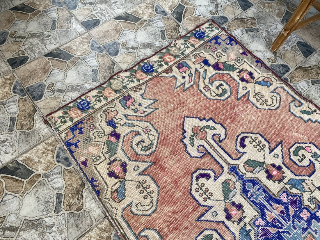 3x7 ft Vintage Turkish Area Rug Red Blue Oriental Anatolian Medallion Floral Rug