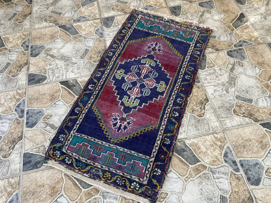 Geometric Turkish Vintage Small Rug, Tribal Handmade Anatolian Red Blue 1.9x3.4