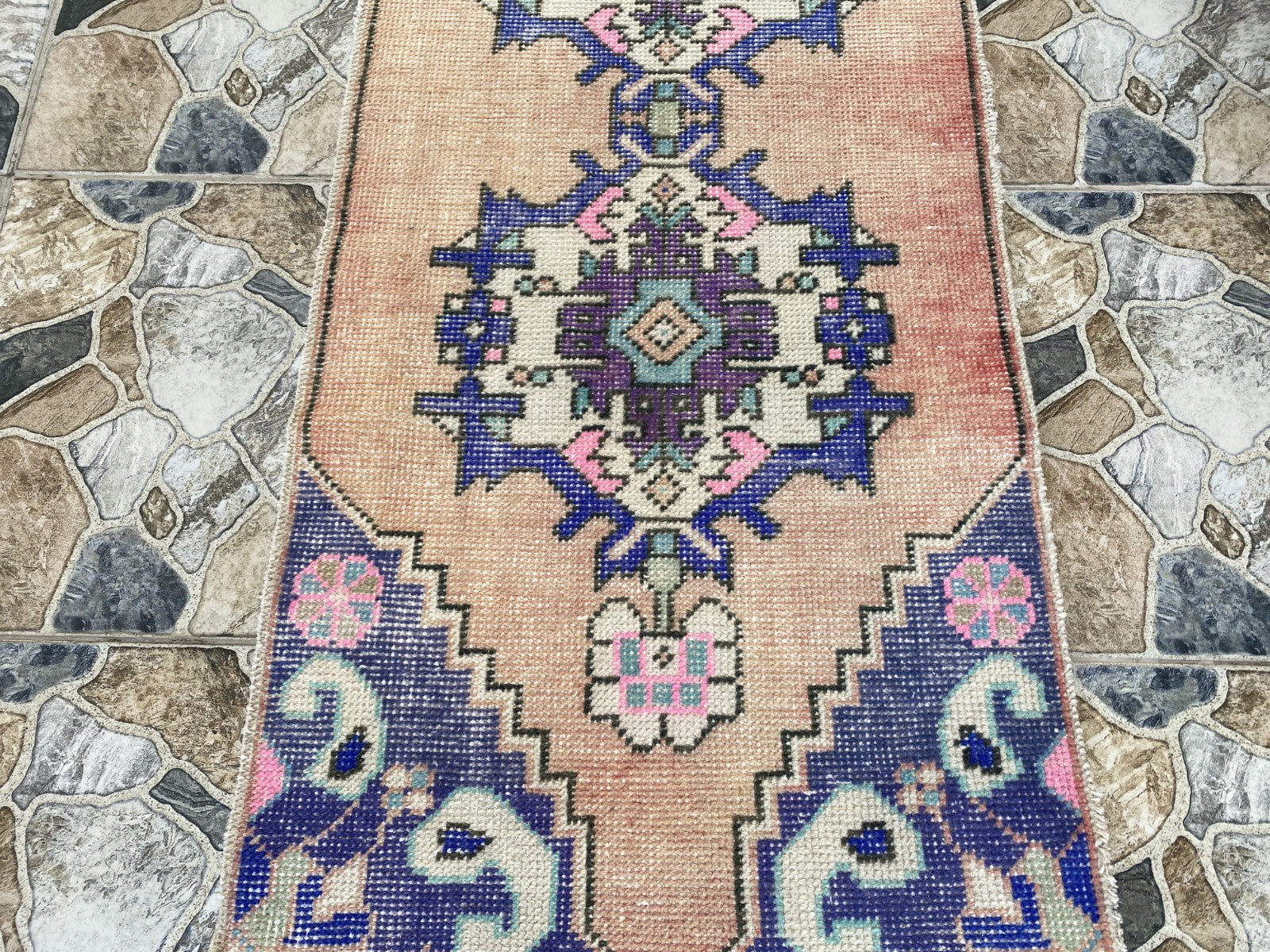 Geometric Turkish Vintage Rug, Runner Farmhouse Anatolian Tribal Village Rug 2x9