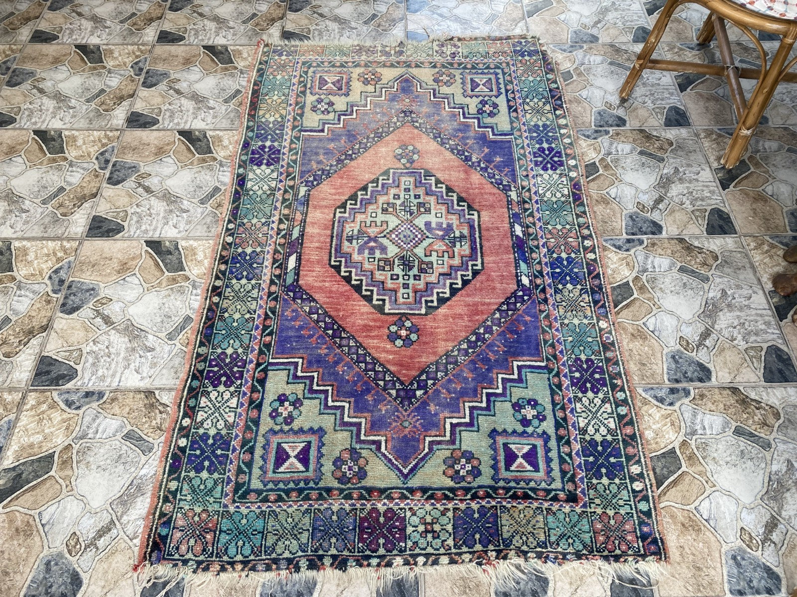 3x6 ft Vintage Turkish Rug Red Blue Farmhouse Oriental Medallion Tribal Area Rug