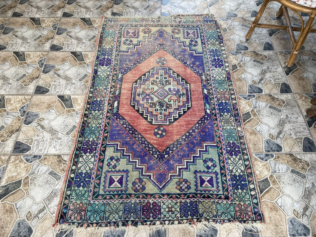 3x6 ft Vintage Turkish Rug Red Blue Farmhouse Oriental Medallion Tribal Area Rug