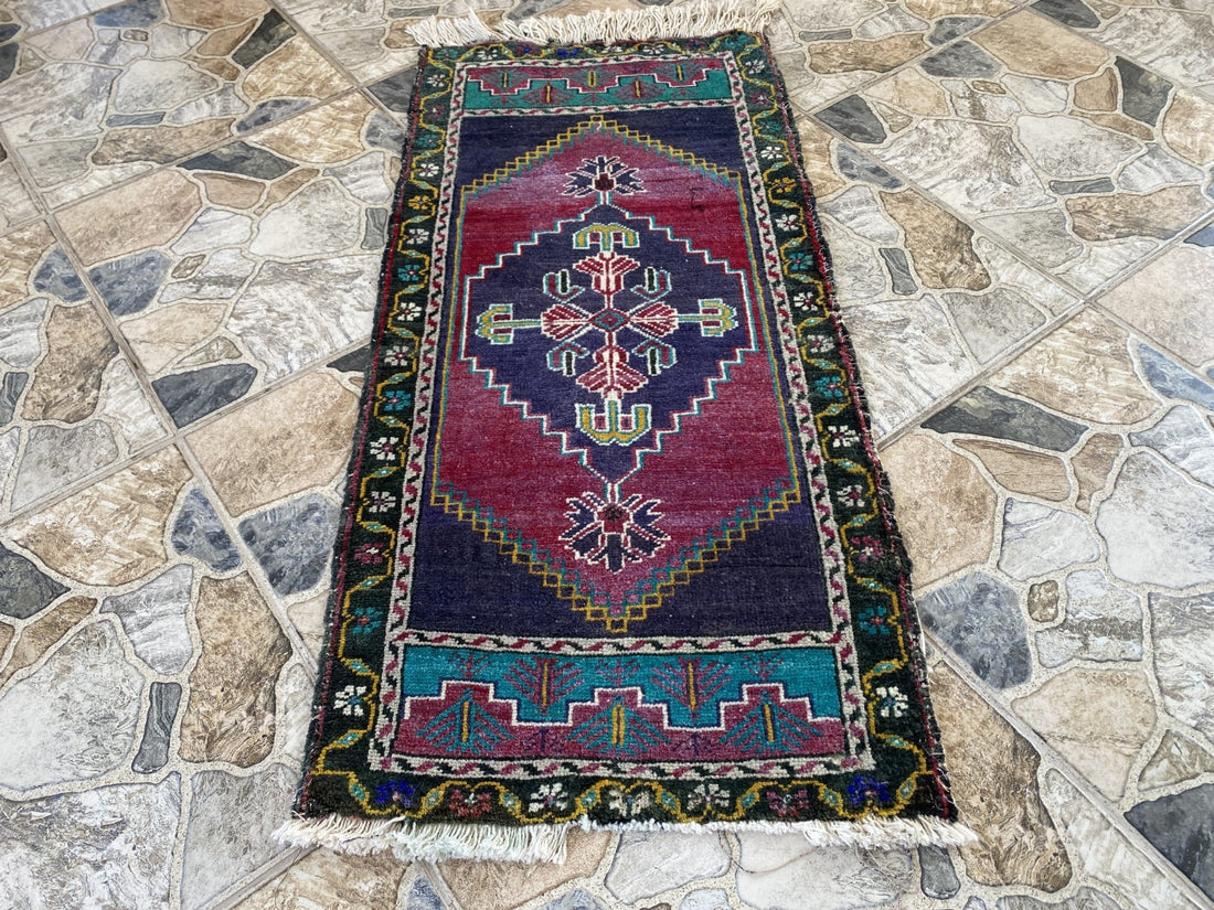 Vintage Turkish Rug 1.8x3.6 Hand Knotted Wool Anatolian Geometric Small Carpet