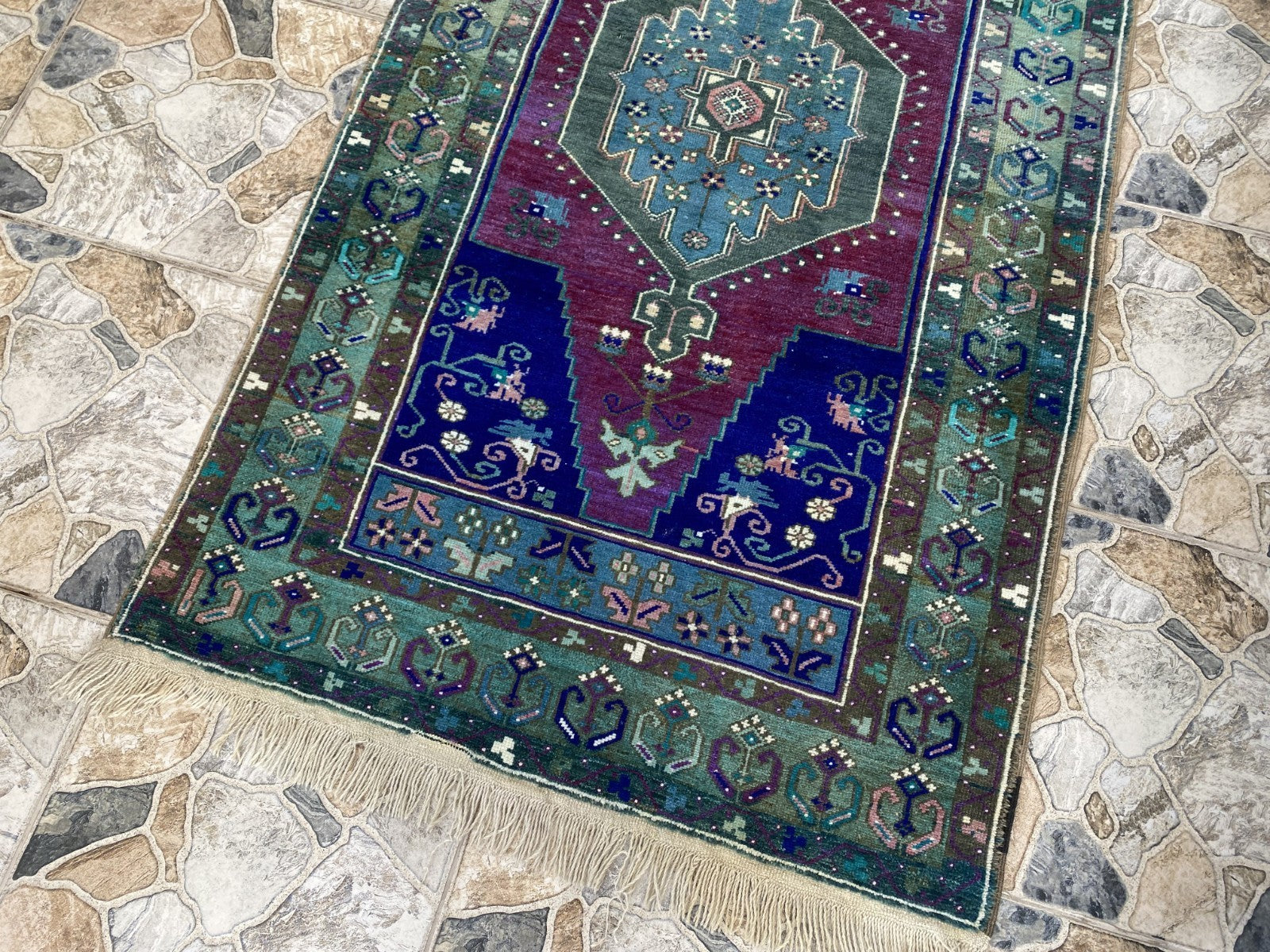 Vintage Handmade Turkish Rug Red Blue Medallion Anatolian Tribal Wool Rug 3x6 ft