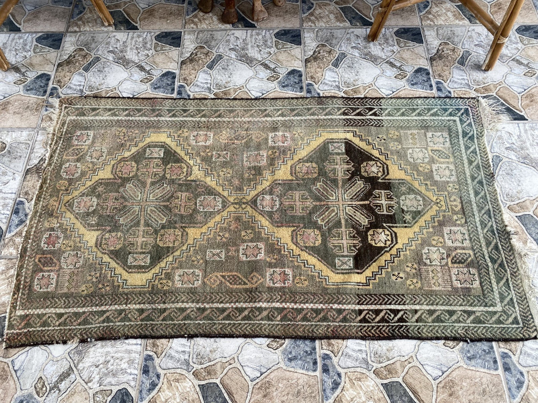 Vintage Persian Beluch Rug, Small Tribal Wool Handmade Oriental Carpet 2.6x4.5ft