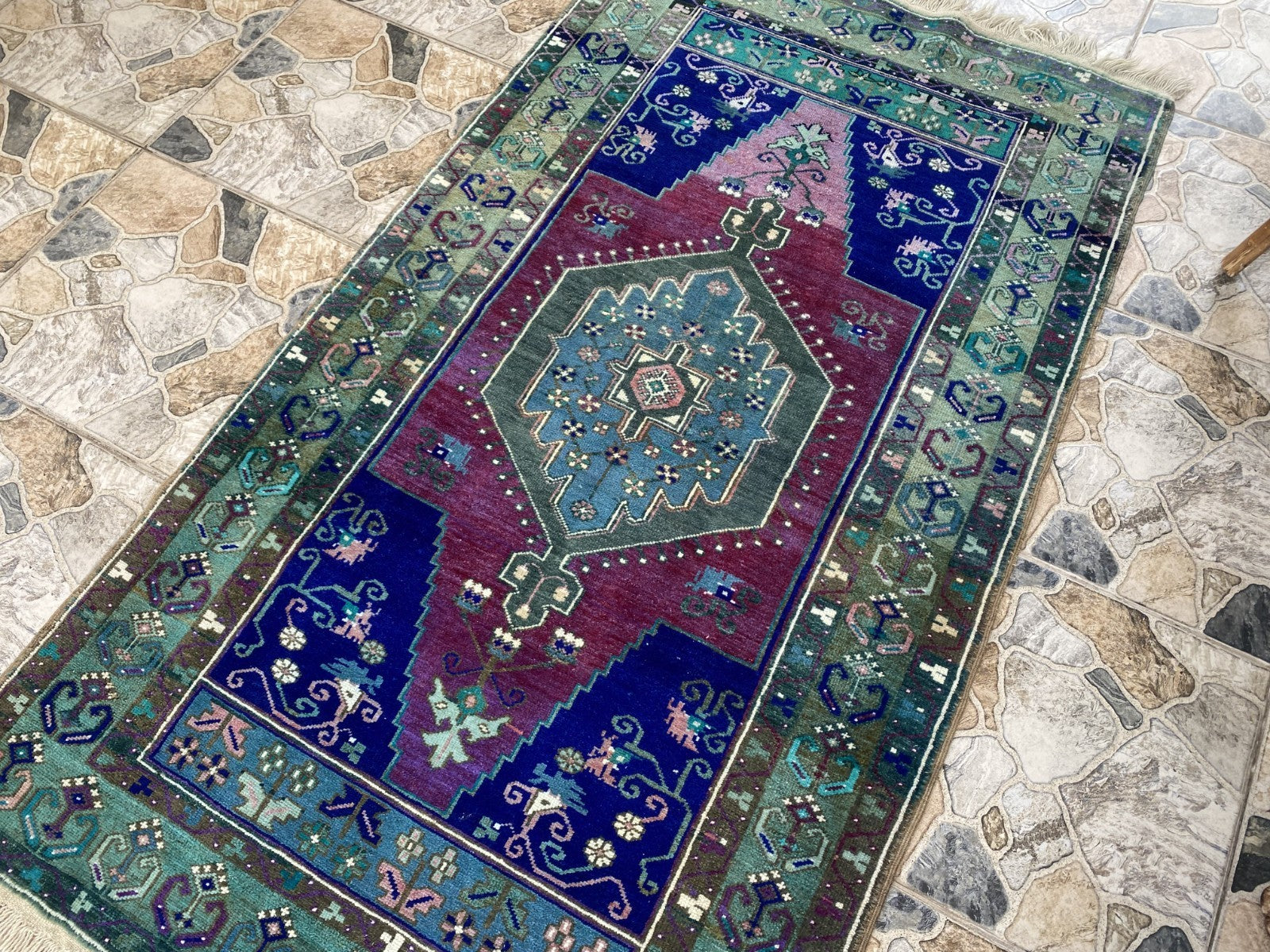 Vintage Handmade Turkish Rug Red Blue Medallion Anatolian Tribal Wool Rug 3x6 ft