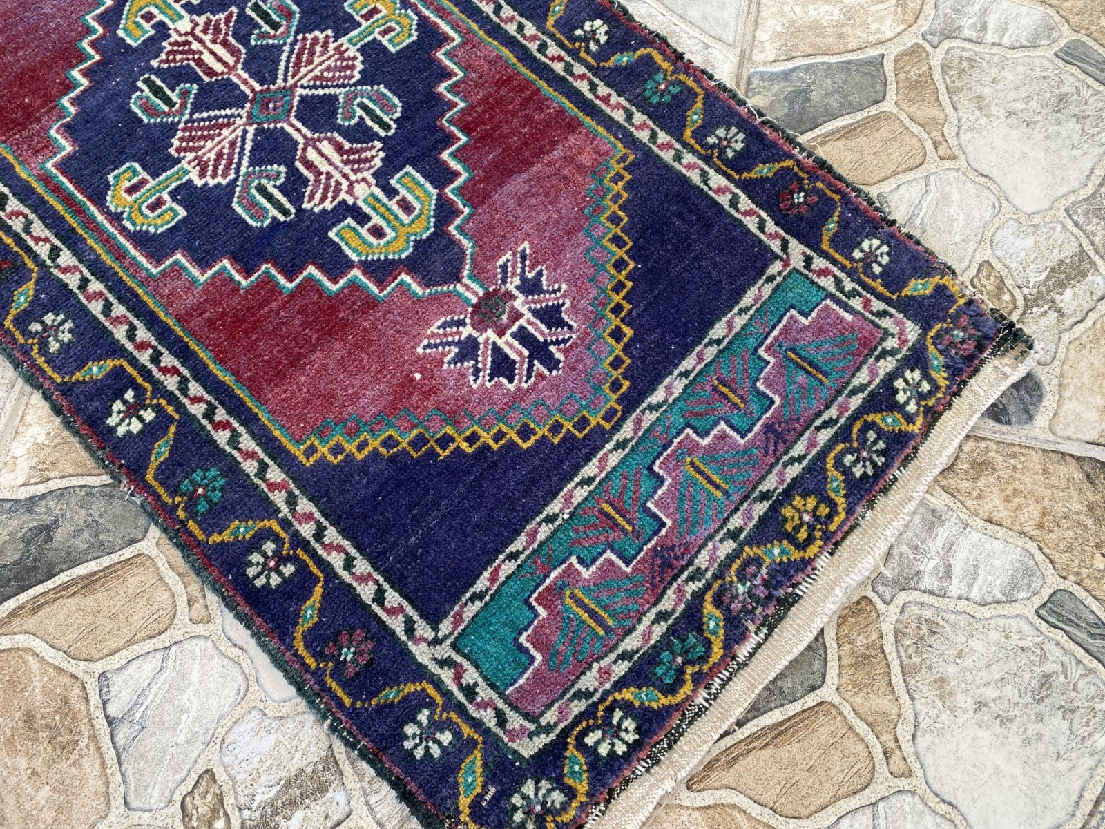 Geometric Turkish Vintage Small Rug, Tribal Handmade Anatolian Red Blue 1.9x3.4