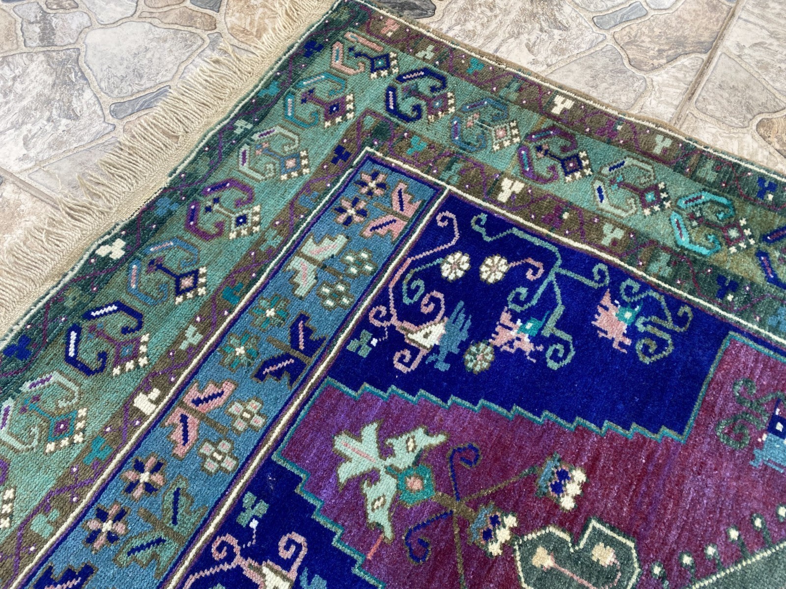 Vintage Handmade Turkish Rug Red Blue Medallion Anatolian Tribal Wool Rug 3x6 ft